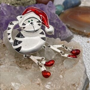 2.20.26- Vintage Articulating Festive Cat Brooch with Red and Silver Accents(np)